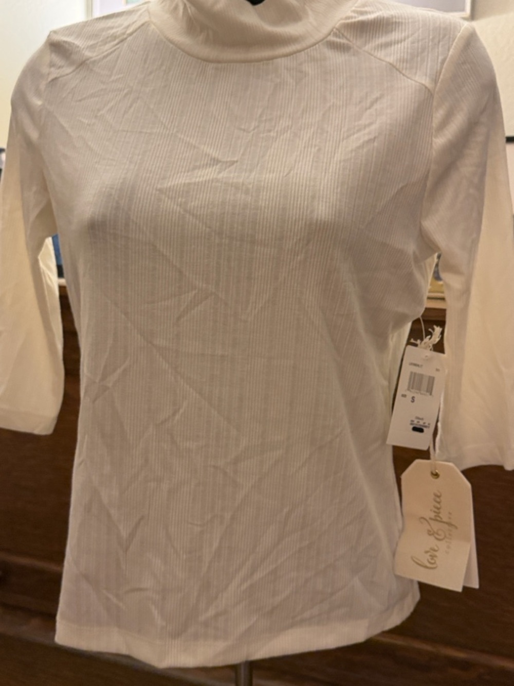 Cream Ribbed Long-Sleeve Mock Neck Tee